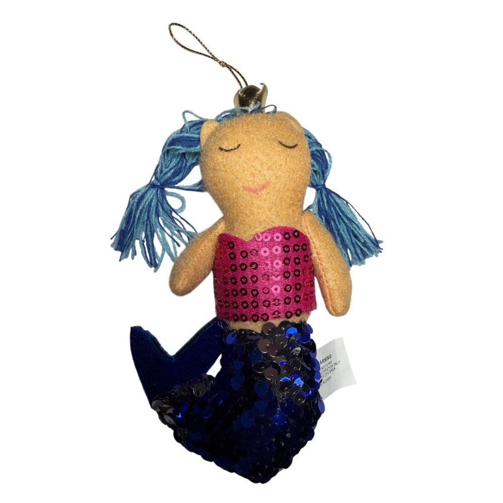Sequin Mermaid Plush Ornament With Blue Yarn Hair & Gold Loop For Hanging